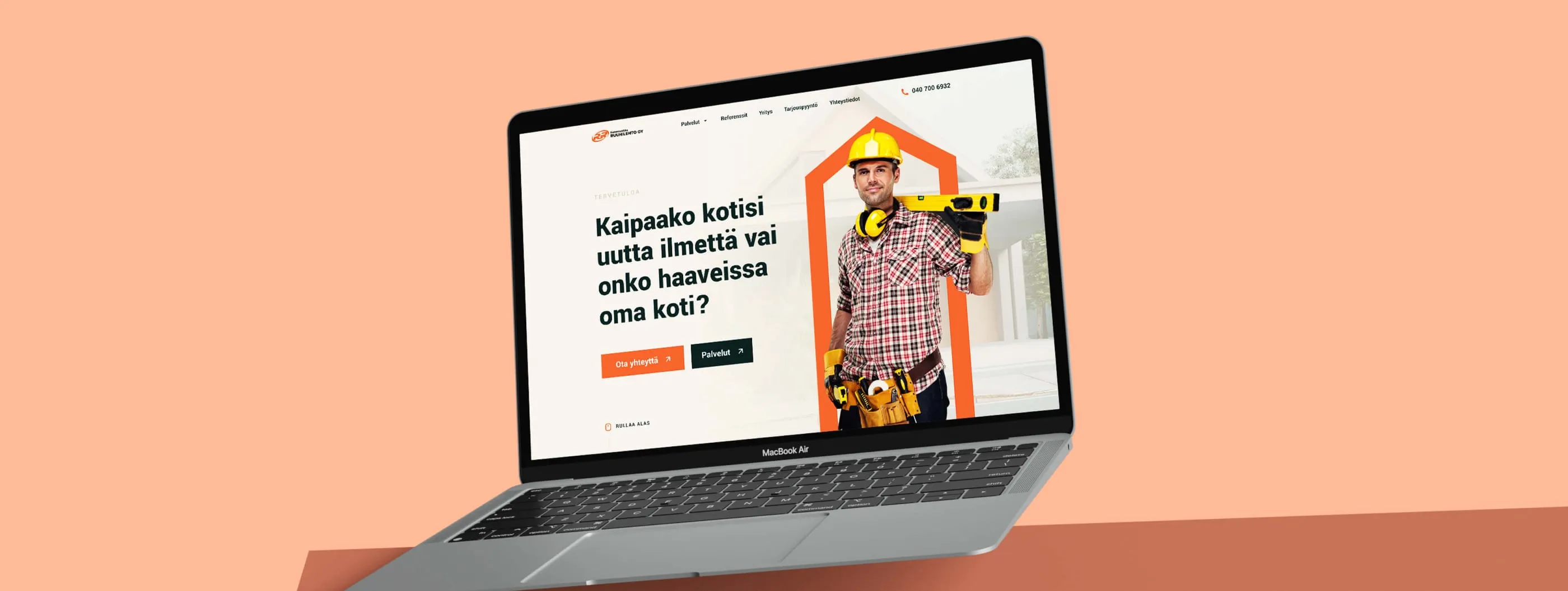 Rakennus Ruuhilehto: Website redesign for Rakennus Ruuhilehto, a Finnish builder of private homes: one house-shaped motif, clear services and a quote request on every page.
