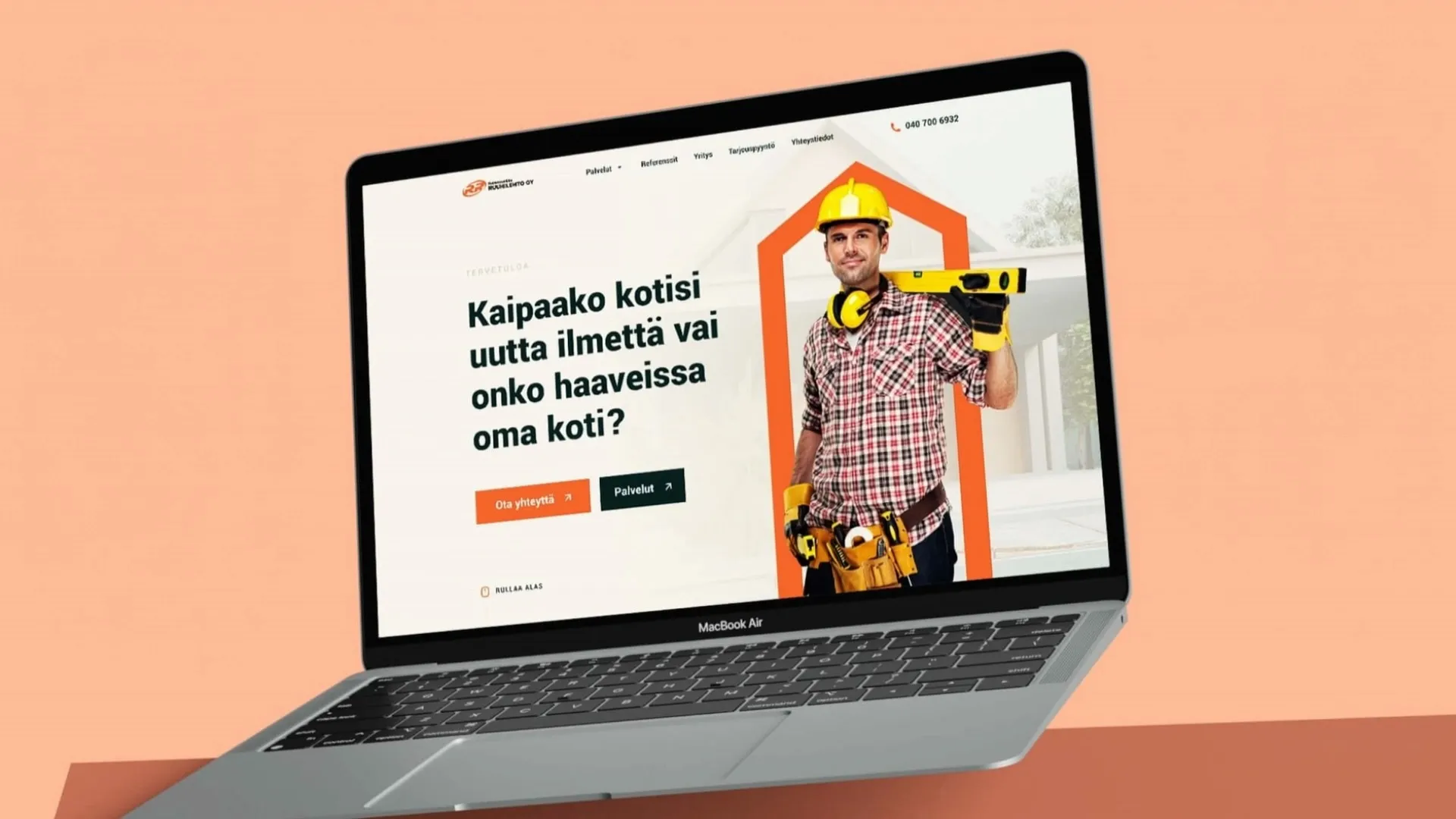 One house outline carries a Finnish builder's whole website