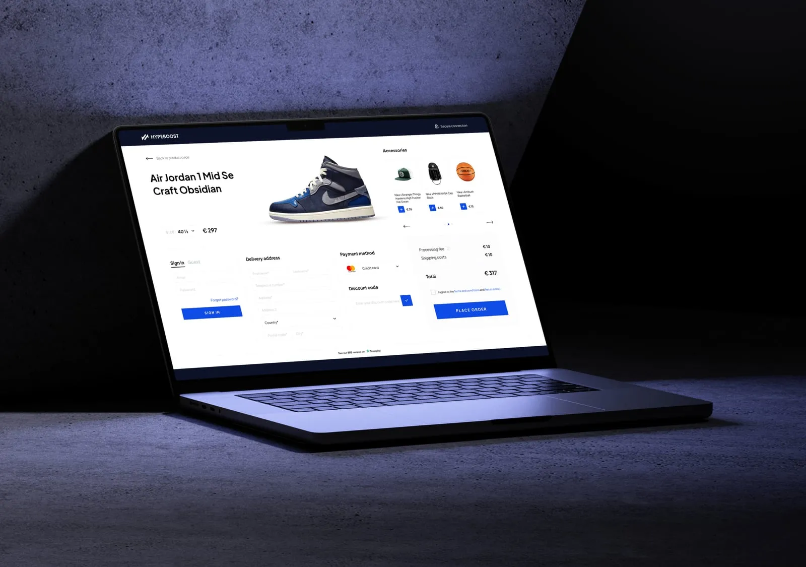 Hypeboost: Product page and checkout redesign for Hypeboost, a European sneaker marketplace: price by size, authenticity up front and a one-page checkout.