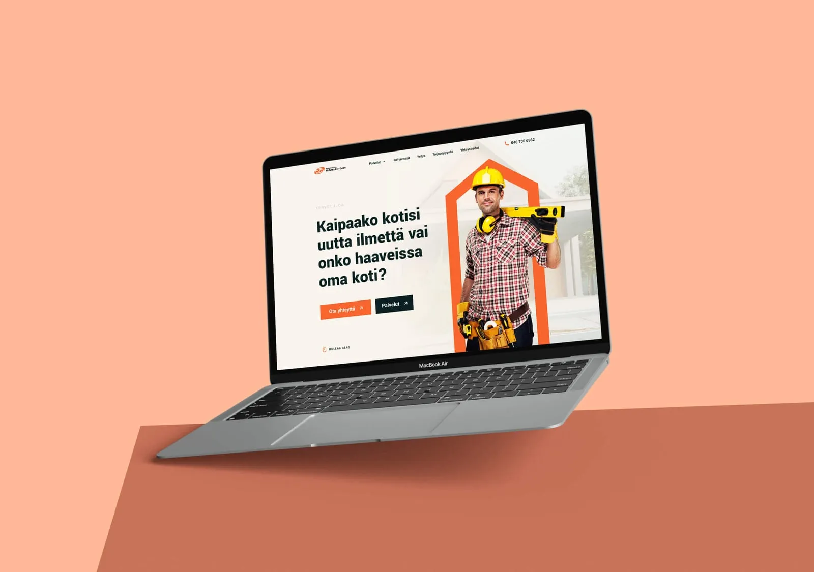 Rakennus Ruuhilehto: Website redesign for Rakennus Ruuhilehto, a Finnish builder of private homes: one house-shaped motif, clear services and a quote request on every page.