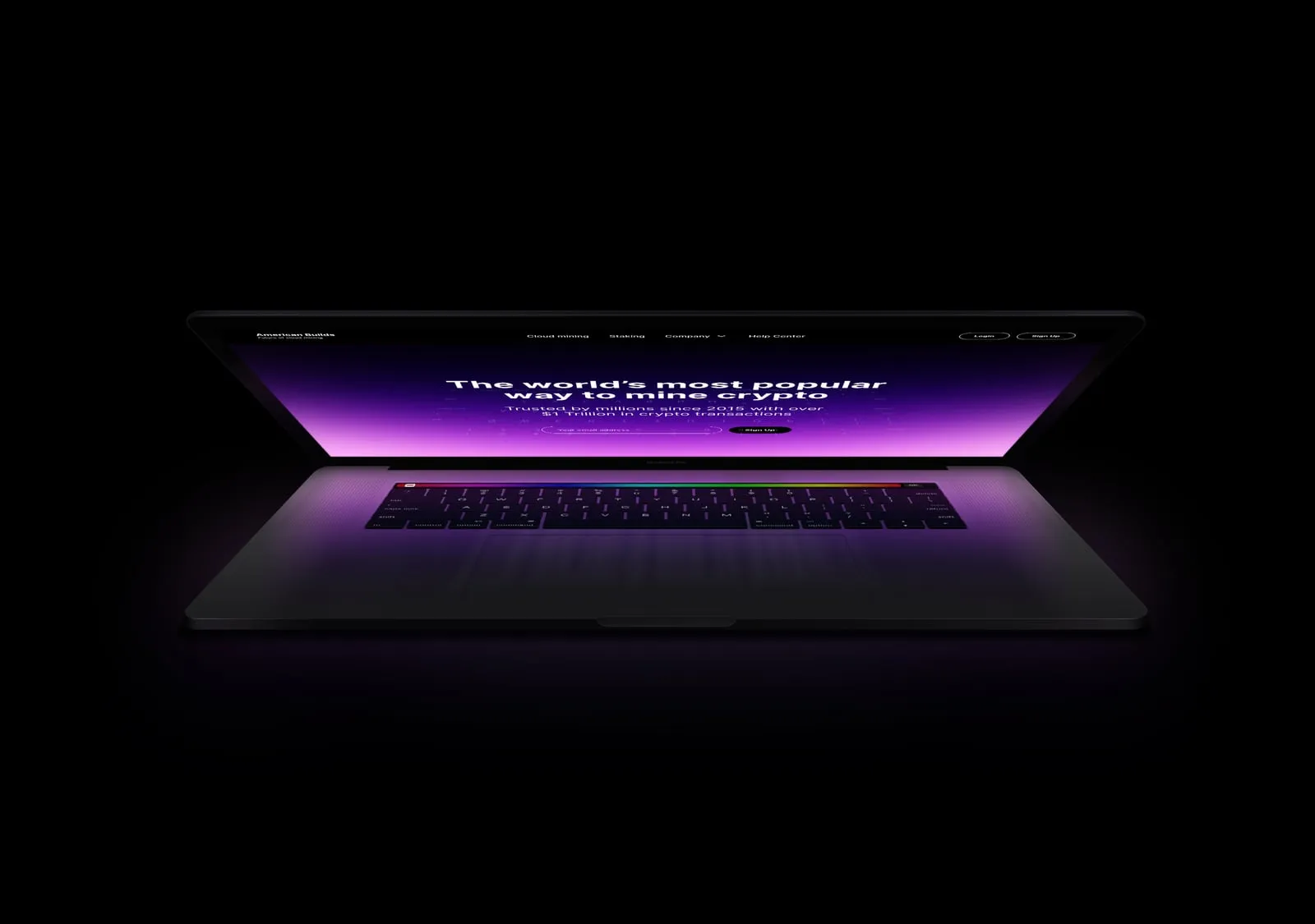 American Builds: Website and account area for AMB, a crypto cloud-mining start-up: plans you can compare, a checkout that shows every fee and a dashboard in light and dark themes.