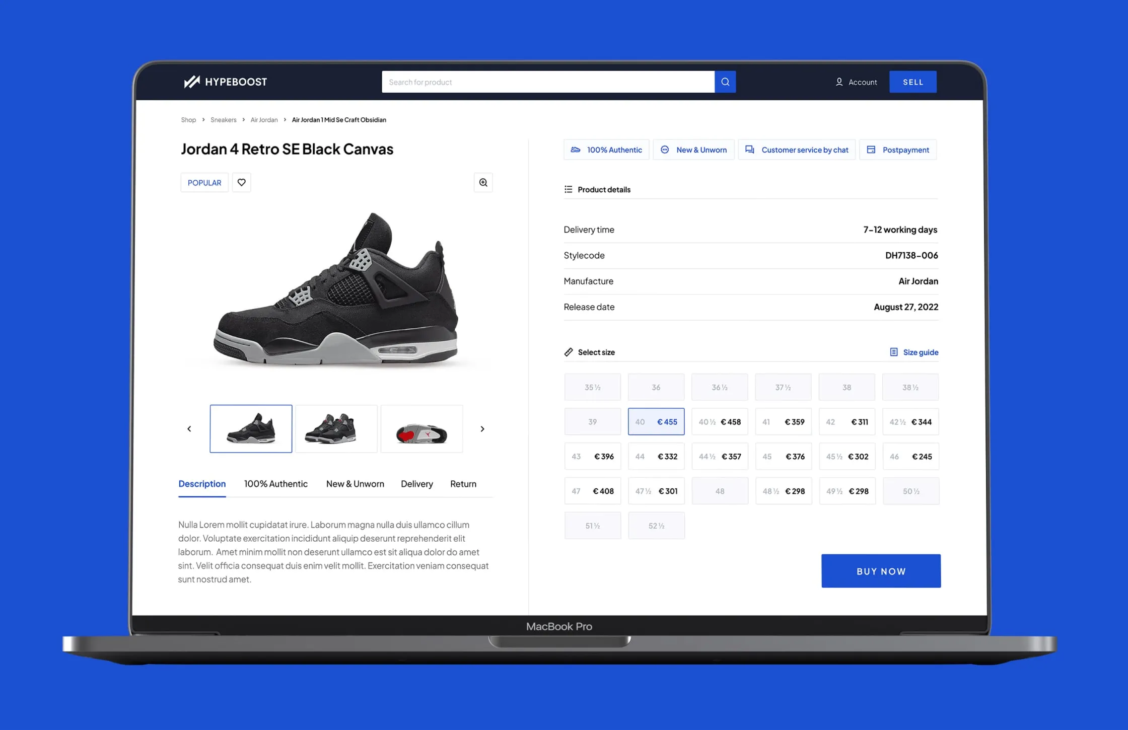 Hypeboost: A size grid that shows the price