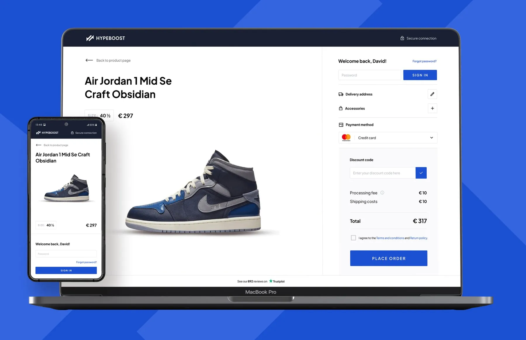 Checkout and product page on laptop and phone.