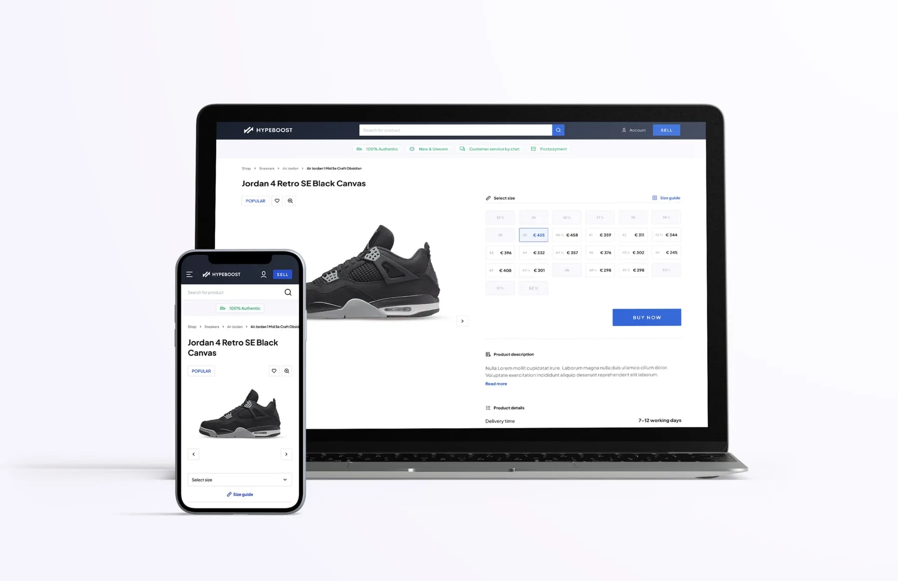 Checkout and product page on laptop and phone.