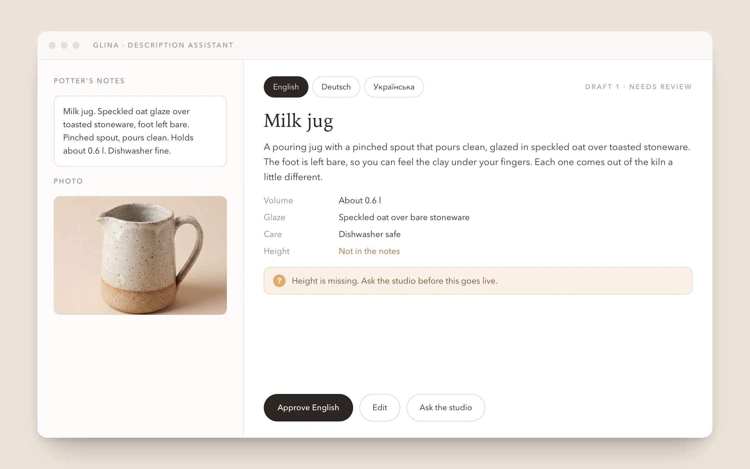 GLINA: Descriptions drafted in three languages