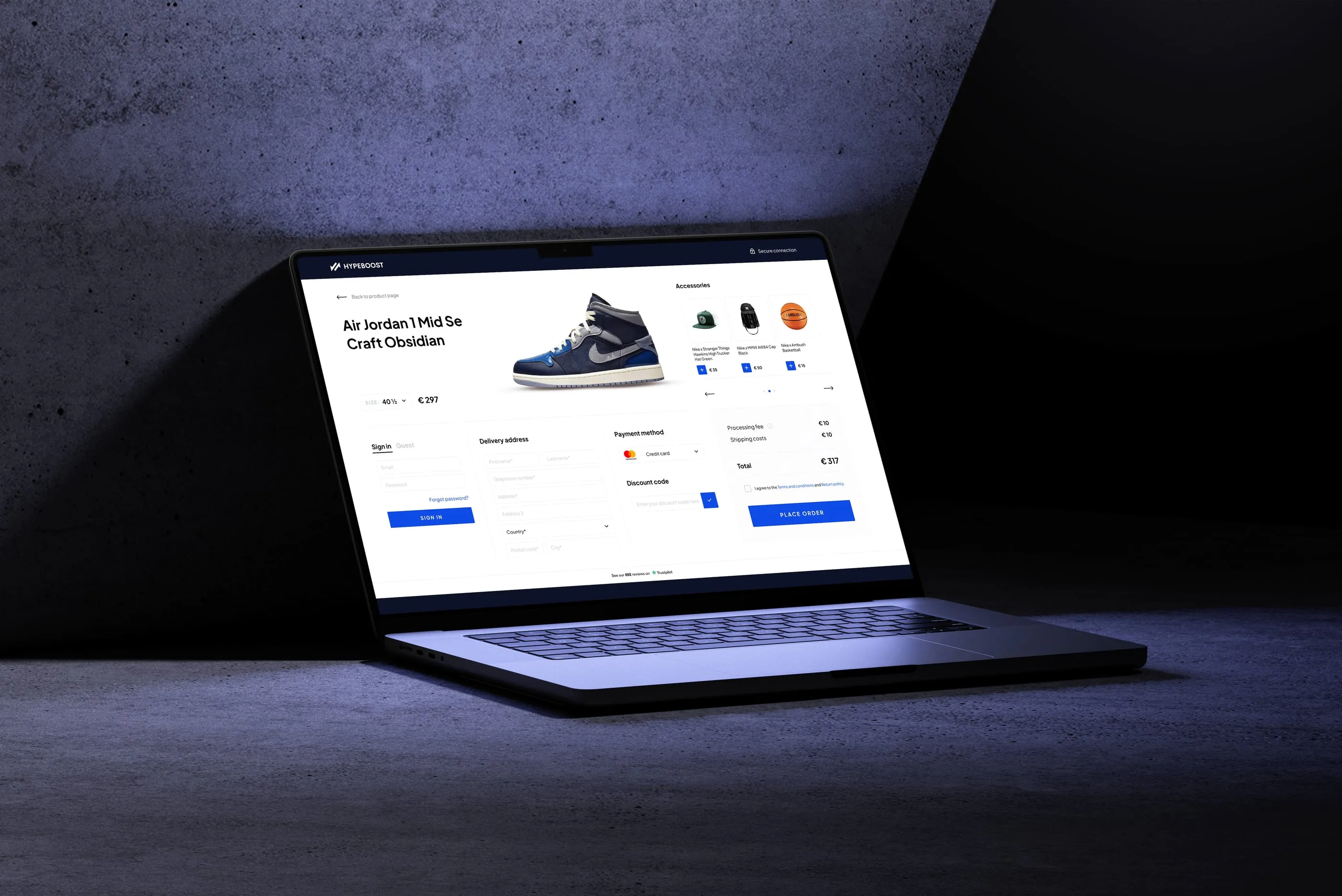 The one-page checkout, after dark.