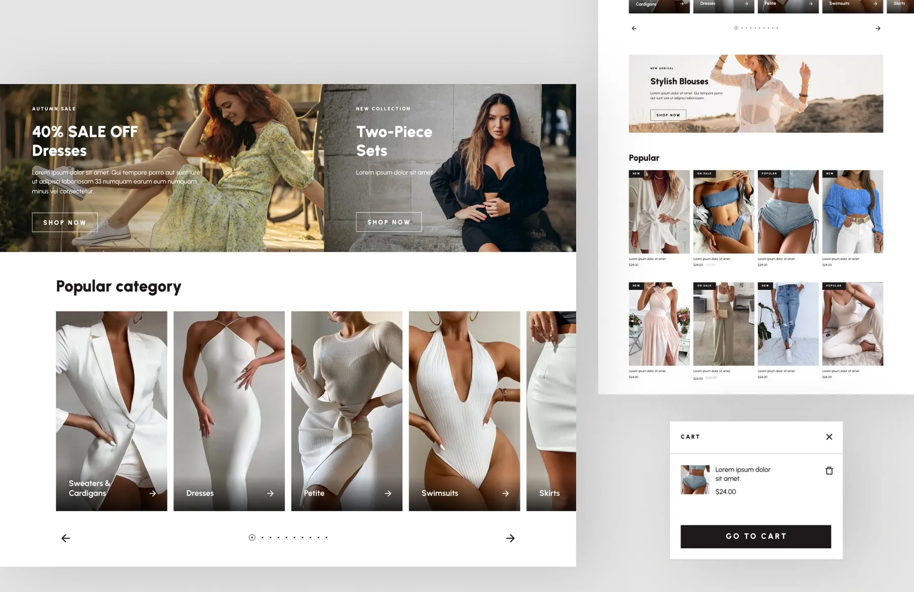 Promo banners, popular categories, product grids and cart preview.