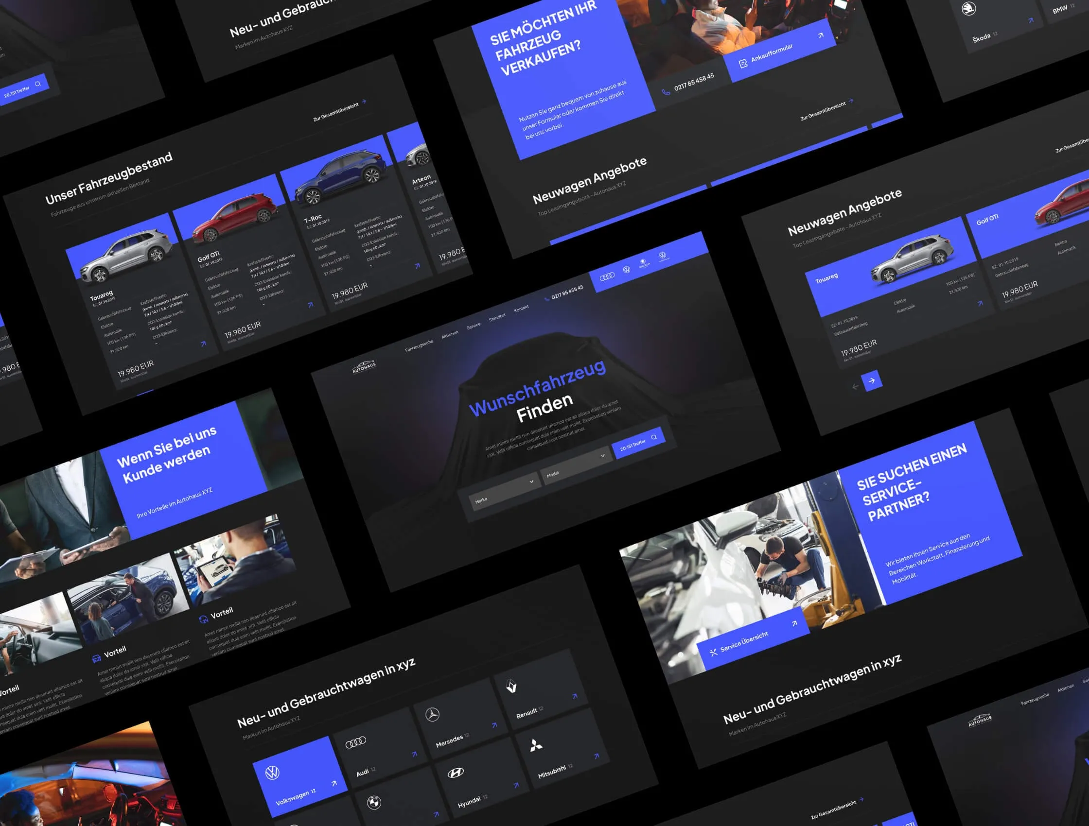 Home, stock, offers and service pages in one dark system
