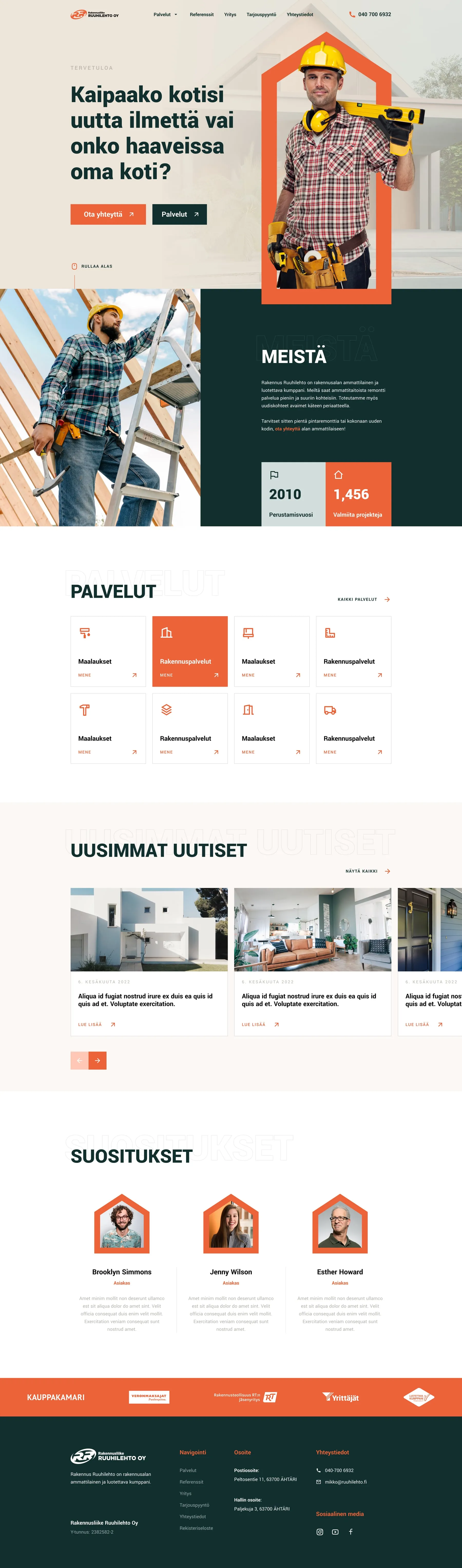 Full-page layouts: home, single service and blog post.