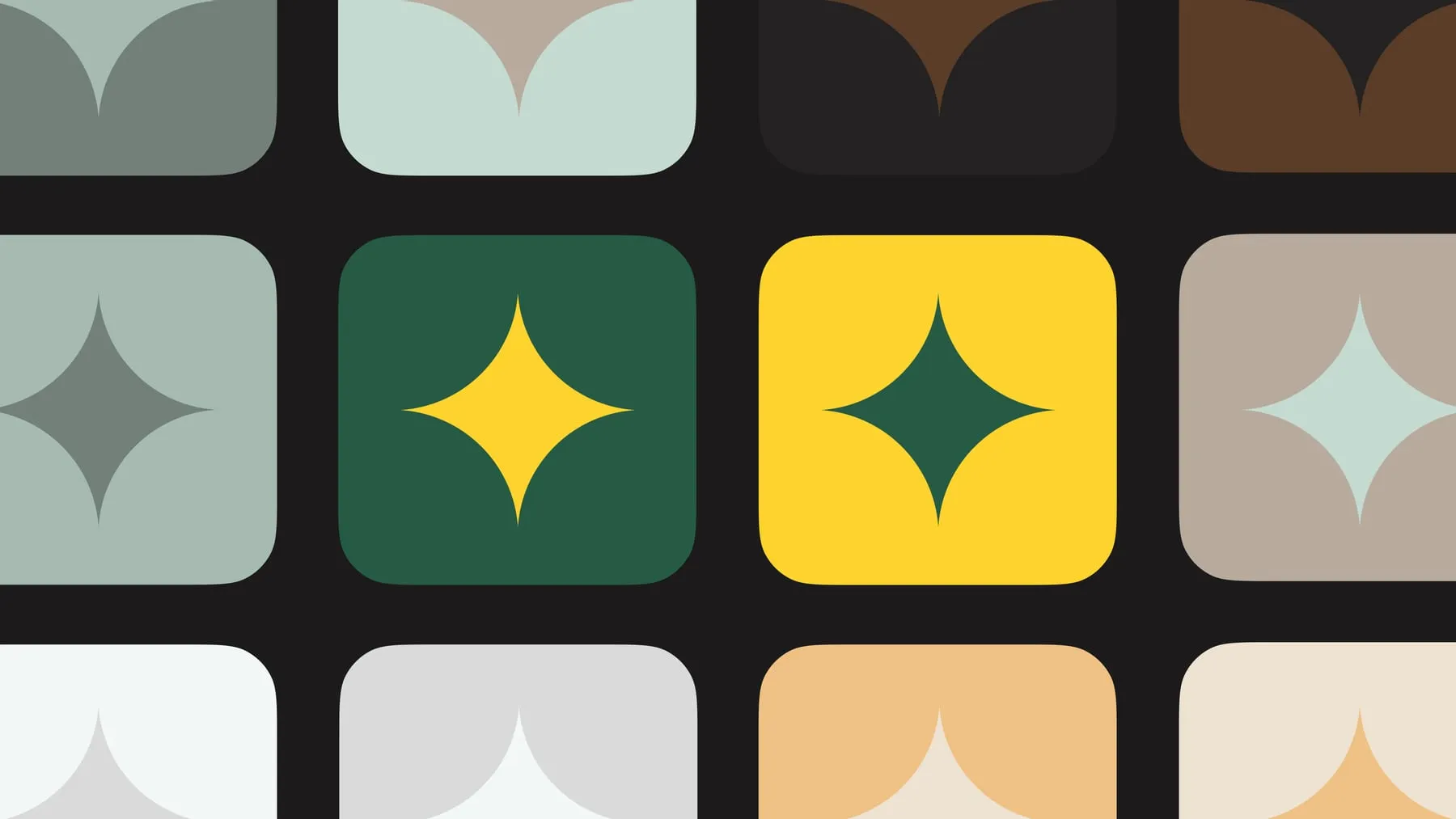 Brand elements: a four-point star, soft-cornered tiles and the Animal Glow palette.