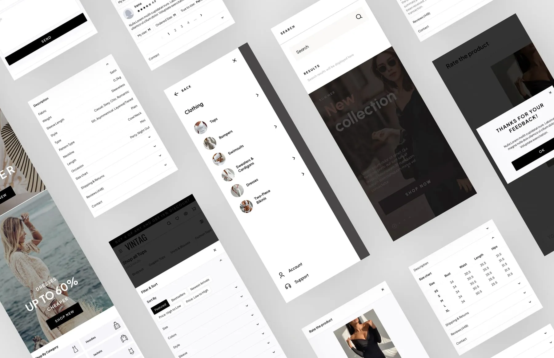 Category, product and mobile screens.