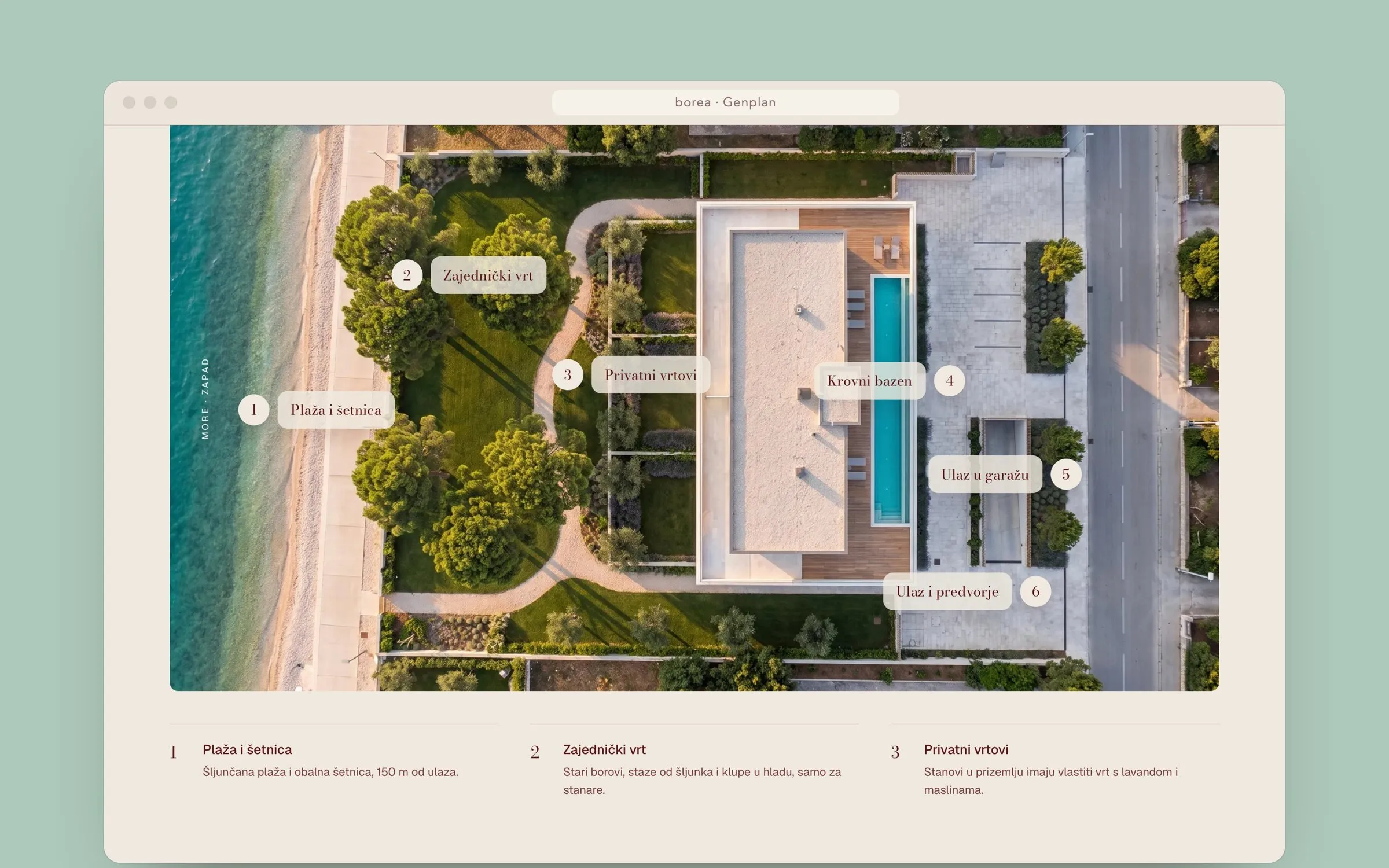 The site plan with numbered points that open on hover.