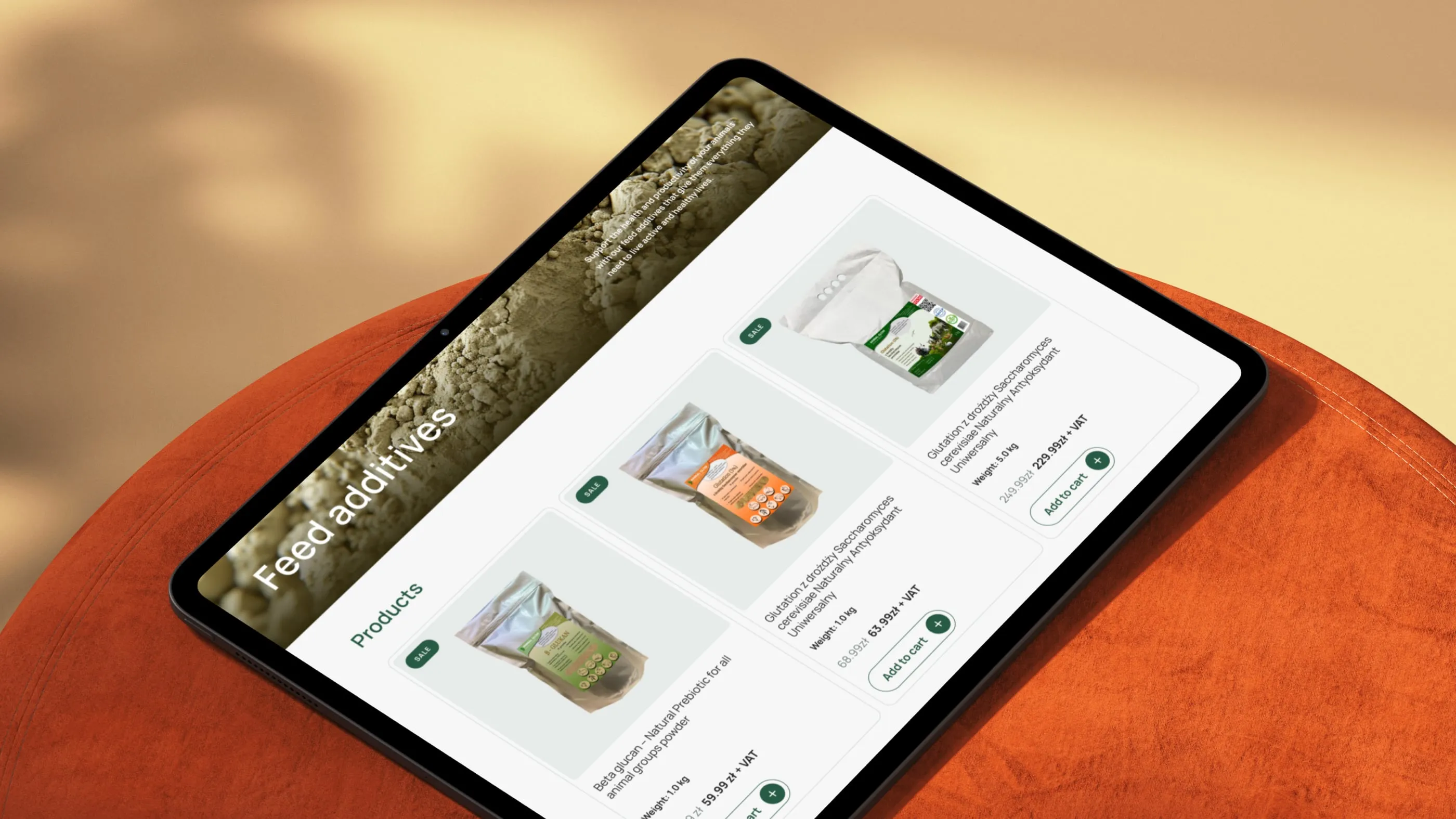 Product listing on tablet: weight, price plus VAT and add to cart in one glance.