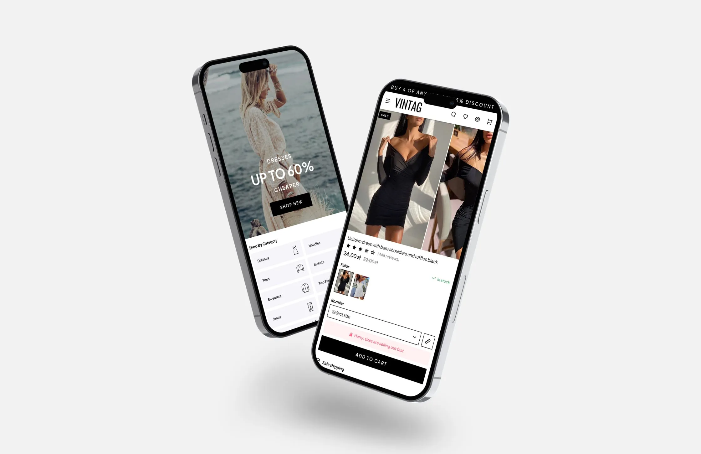 Home and product page on mobile.