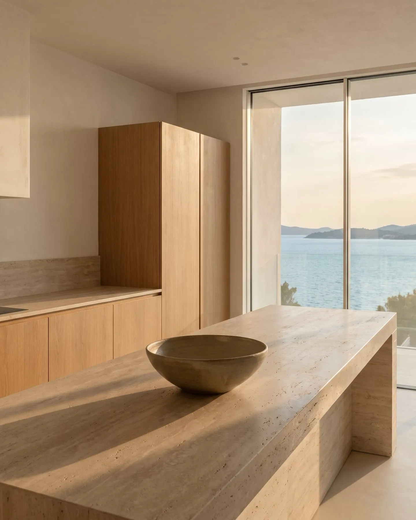 The penthouse living room and a kitchen with a travertine island.