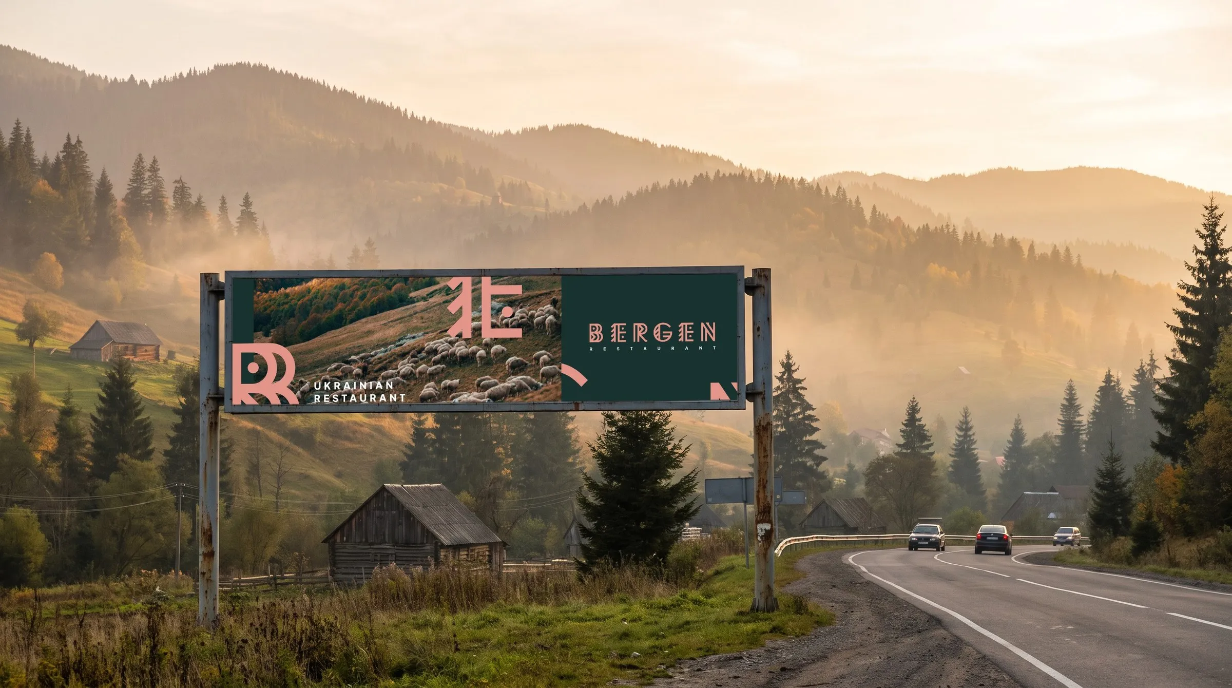The billboard beside a mountain road.