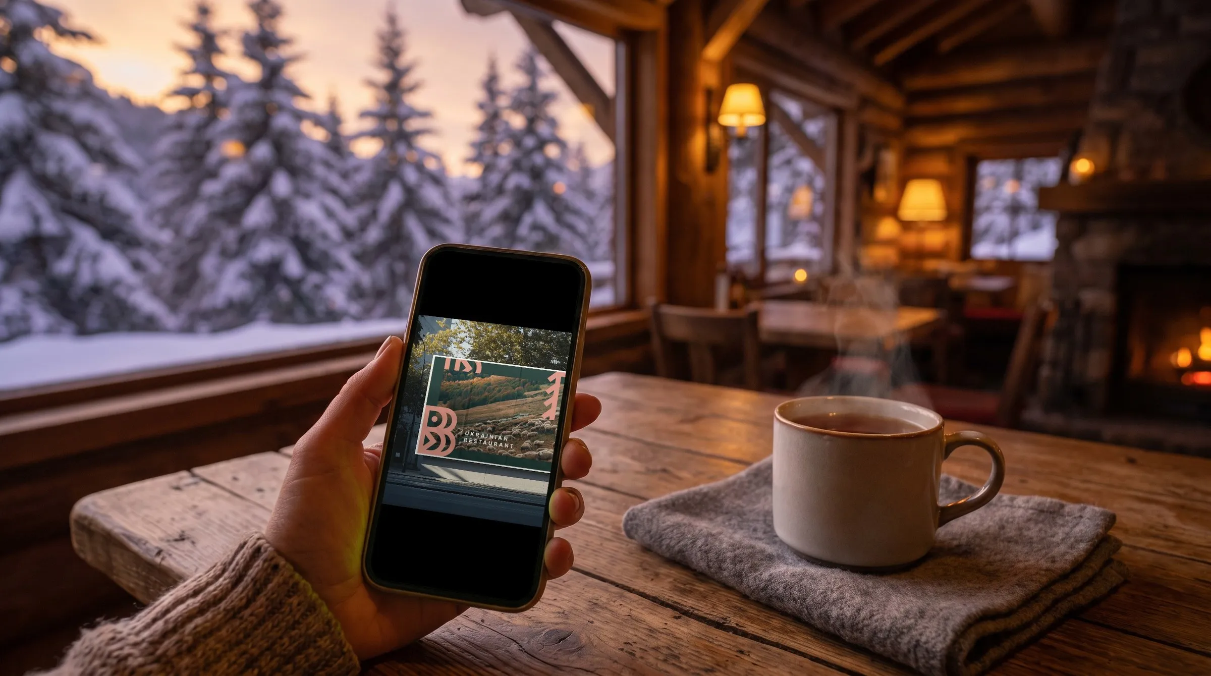 The Instagram carousel on a phone, at a table by a snowy window.