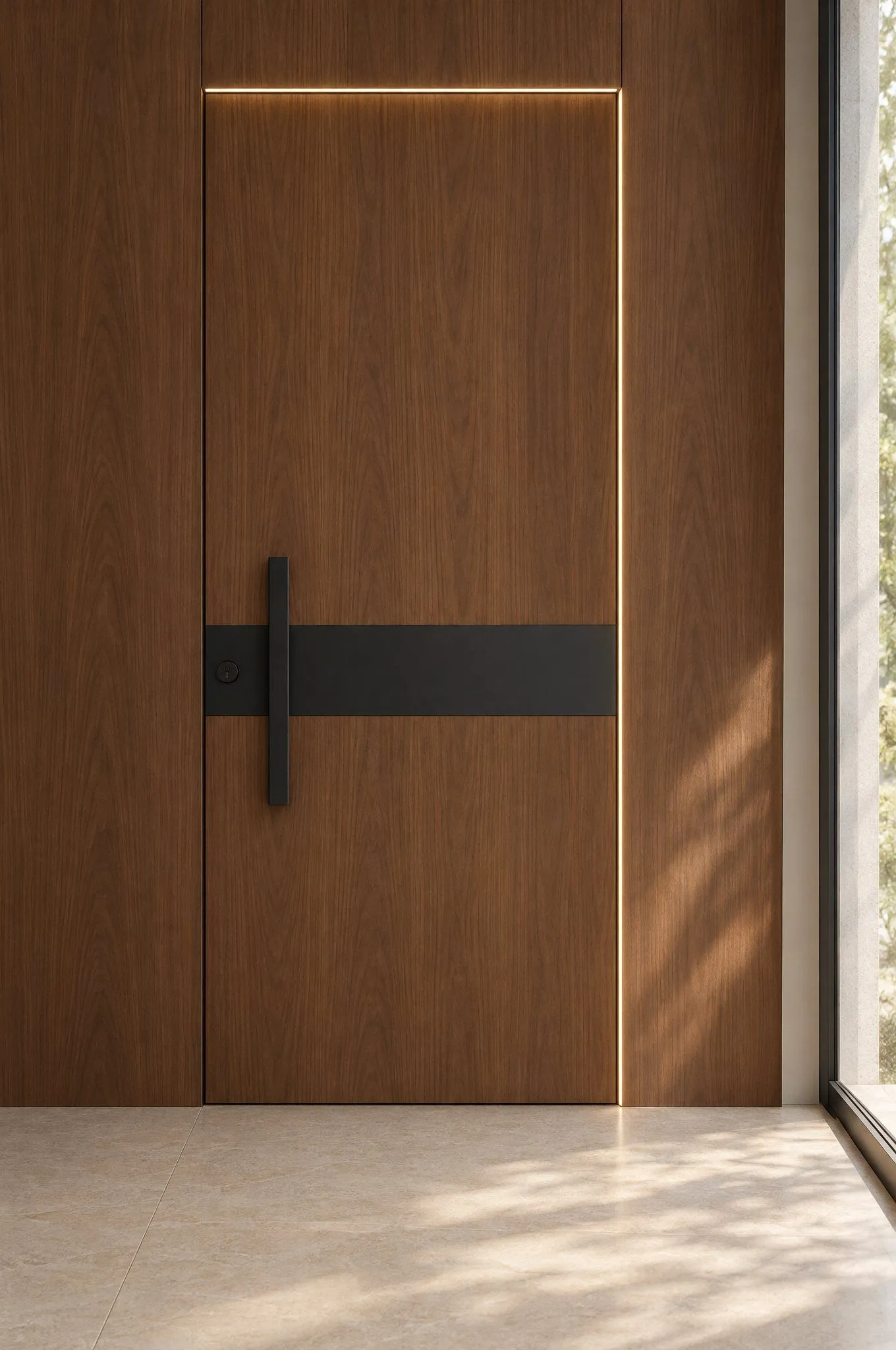 Entrance door in walnut veneer