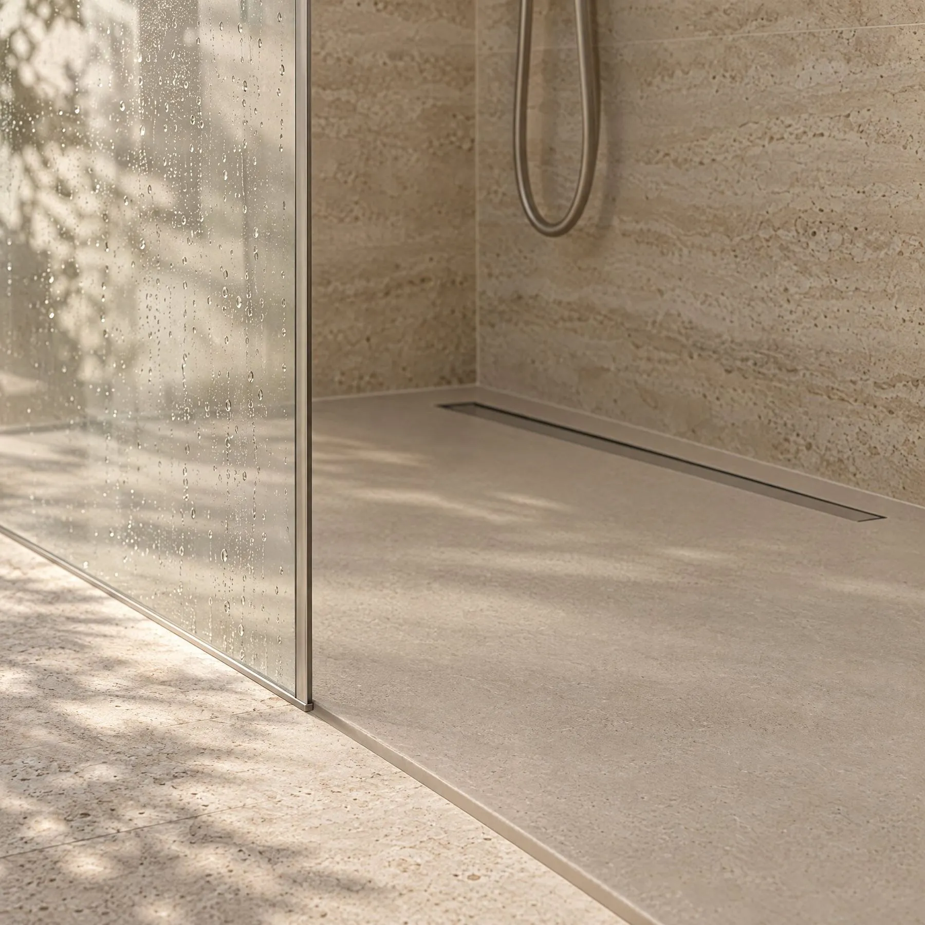 Walk-in shower, low-profile tray