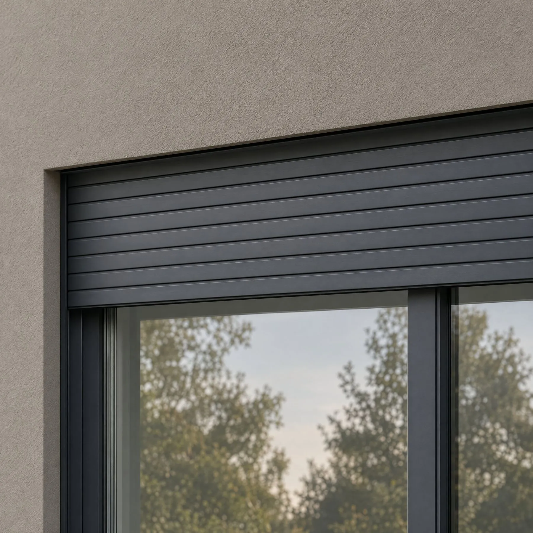 Aluminium sliding doors, triple glazing, electric shutters