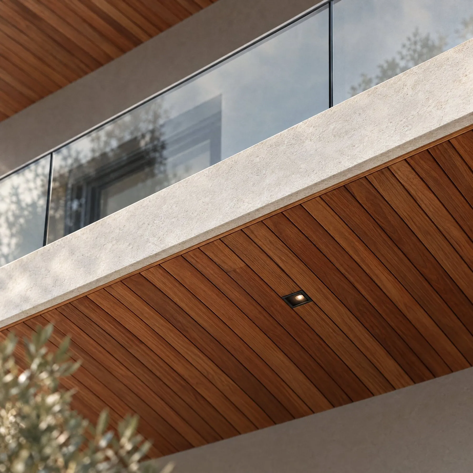 Timber soffits with recessed lights