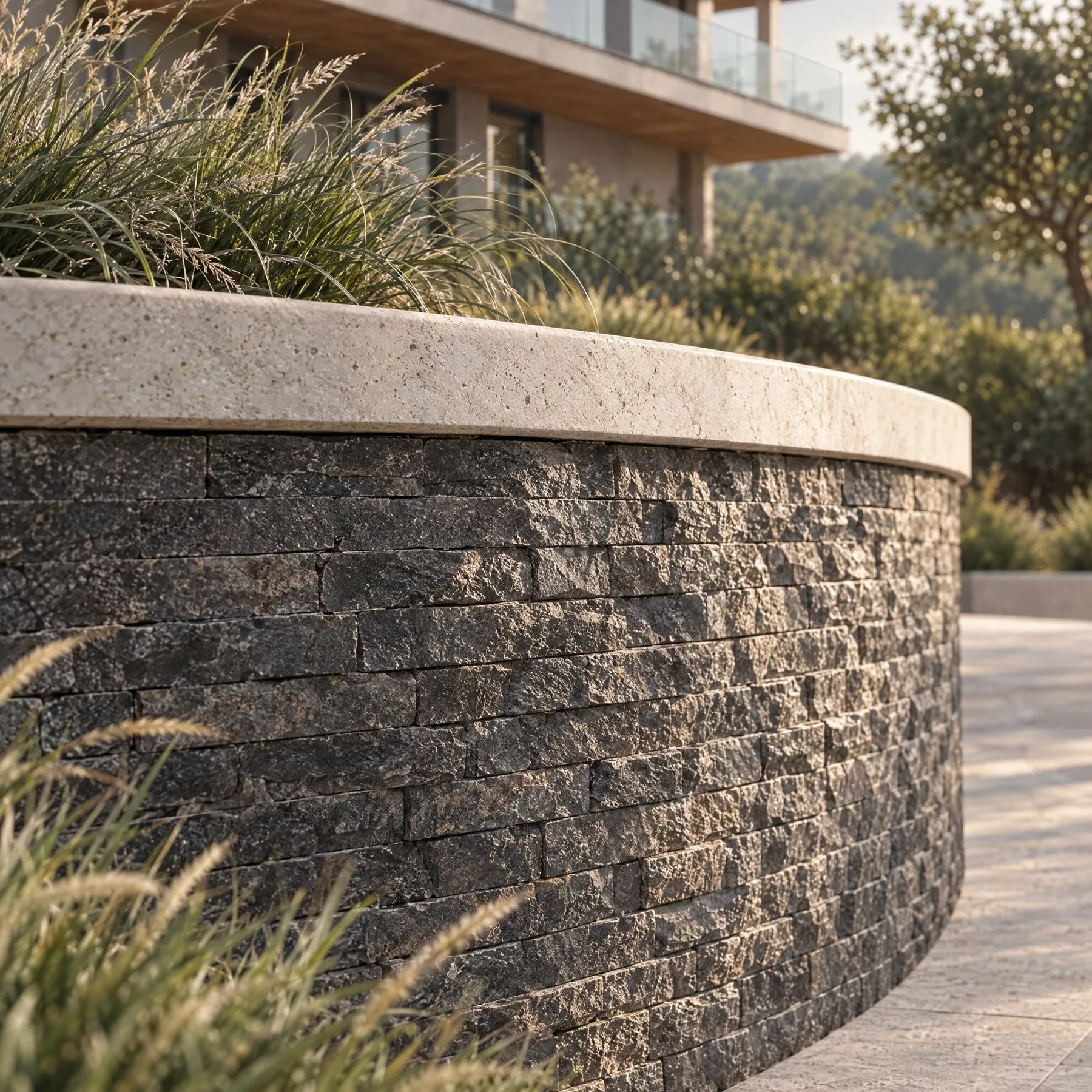 Stone-clad retaining wall